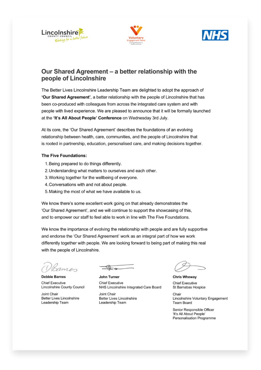 Better Lives Lincolnshire Leadership officially adopt Our Shared Agreement 